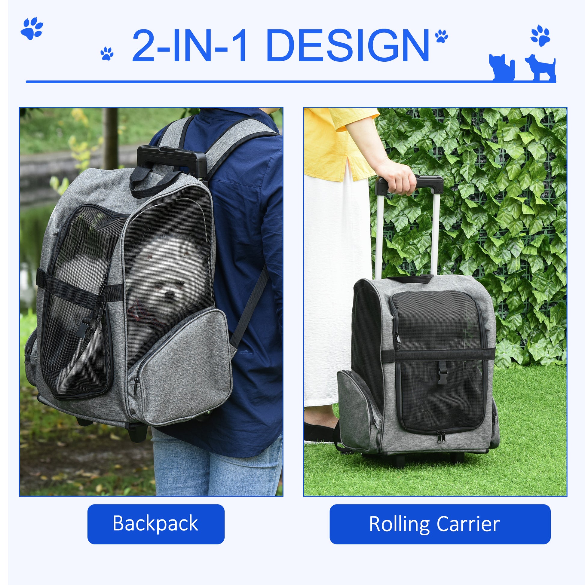 Pet Travel Backpack Bag Cat Puppy Dog Carrier W/ Trolley and Telescopic Wheel