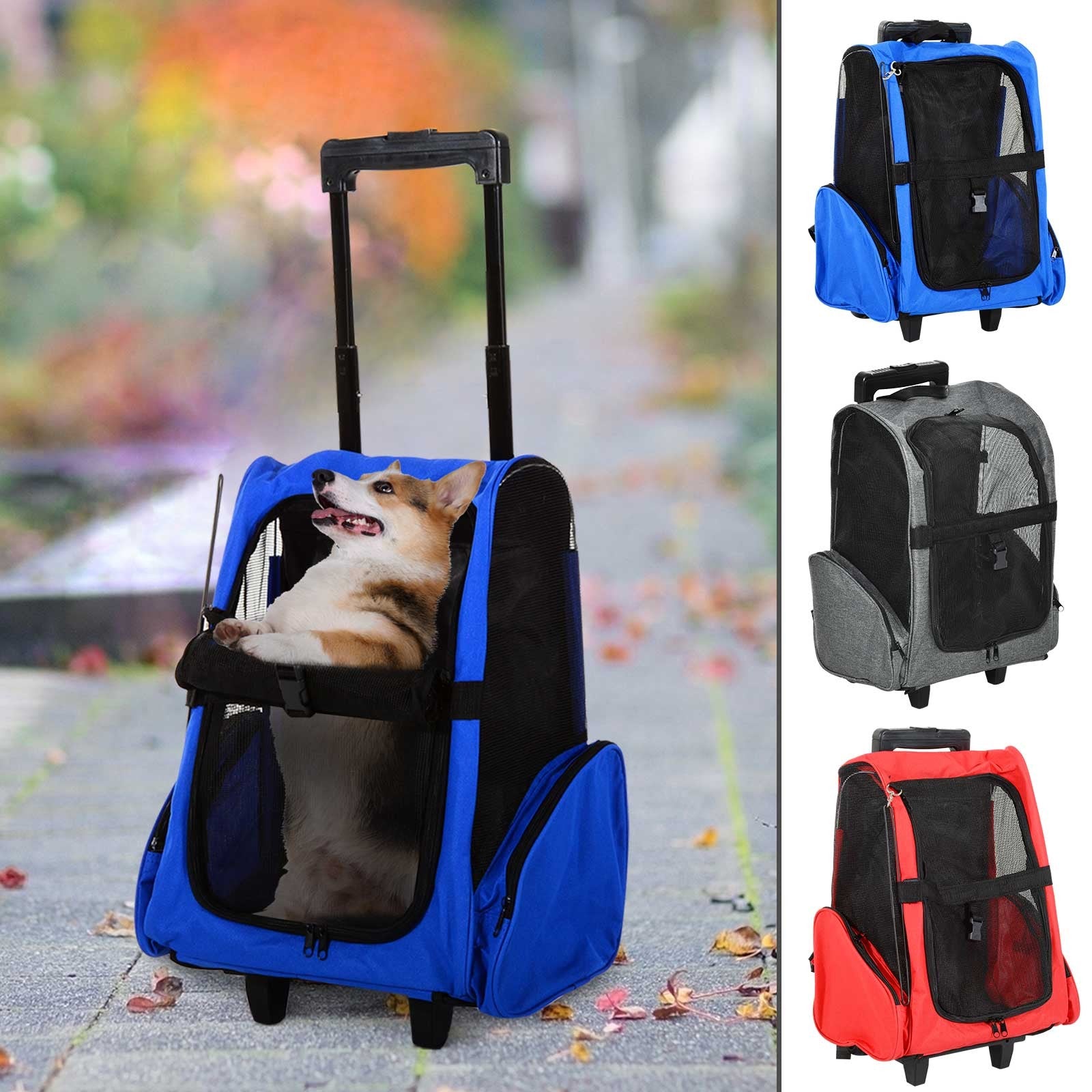 Pet Travel Backpack Bag Cat Puppy Dog Carrier W/ Trolley and Telescopic Wheel