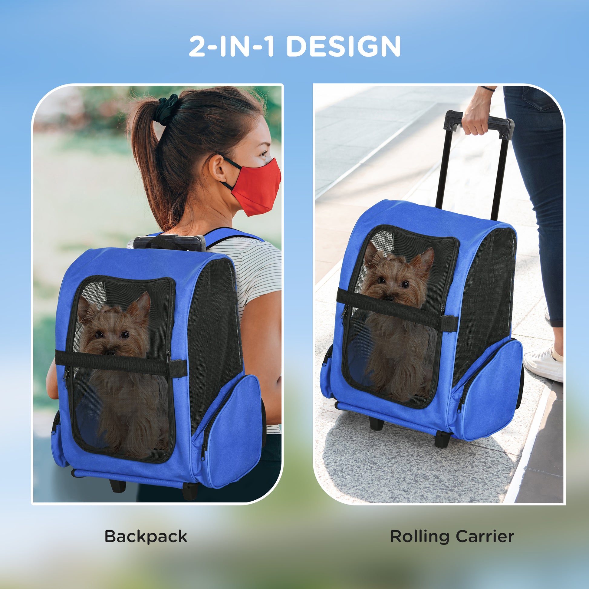 Pet Travel Backpack Bag Cat Puppy Dog Carrier W/ Trolley and Telescopic Wheel