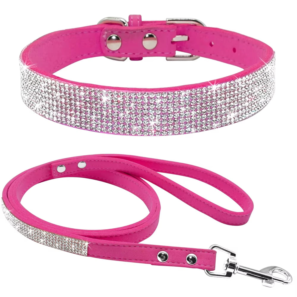 Suede Leather Puppy Dog Collar Leash Set Adjustable Rhinestone Cat Collars Walking Leashes for Small Medium Pets XS S M