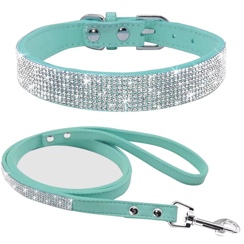 Suede Leather Puppy Dog Collar Leash Set Adjustable Rhinestone Cat Collars Walking Leashes for Small Medium Pets XS S M