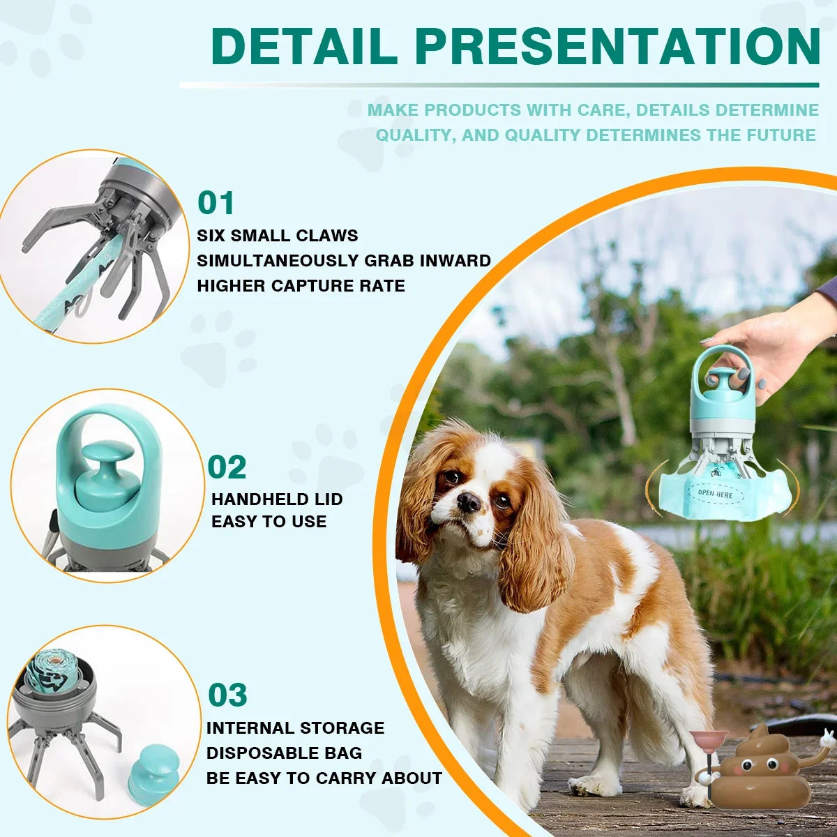 New Dog Pooper Scooper Pet Outdoors Portable Claw Poop Scooper Garbage Bag Cat Dispenser Waste Pick-Up Cleaner