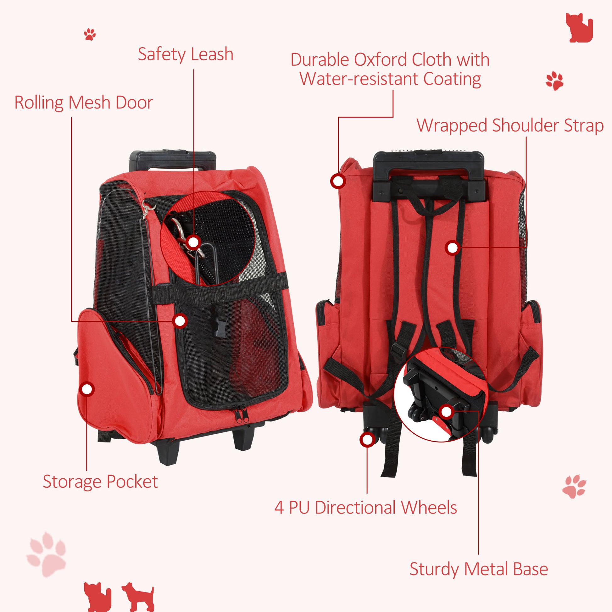 Pet Travel Backpack Bag Cat Puppy Dog Carrier W/ Trolley and Telescopic Wheel