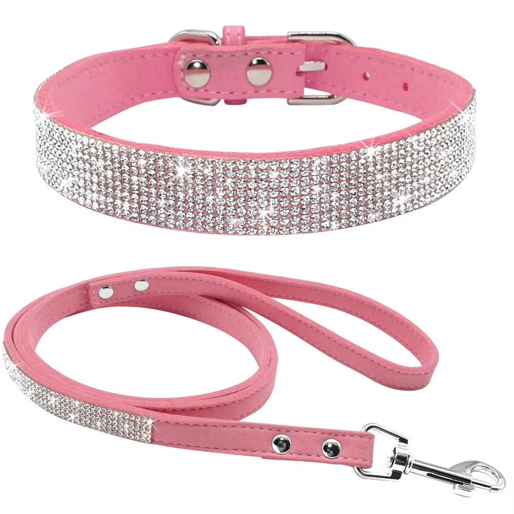 Suede Leather Puppy Dog Collar Leash Set Adjustable Rhinestone Cat Collars Walking Leashes for Small Medium Pets XS S M