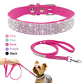Suede Leather Puppy Dog Collar Leash Set Adjustable Rhinestone Cat Collars Walking Leashes for Small Medium Pets XS S M