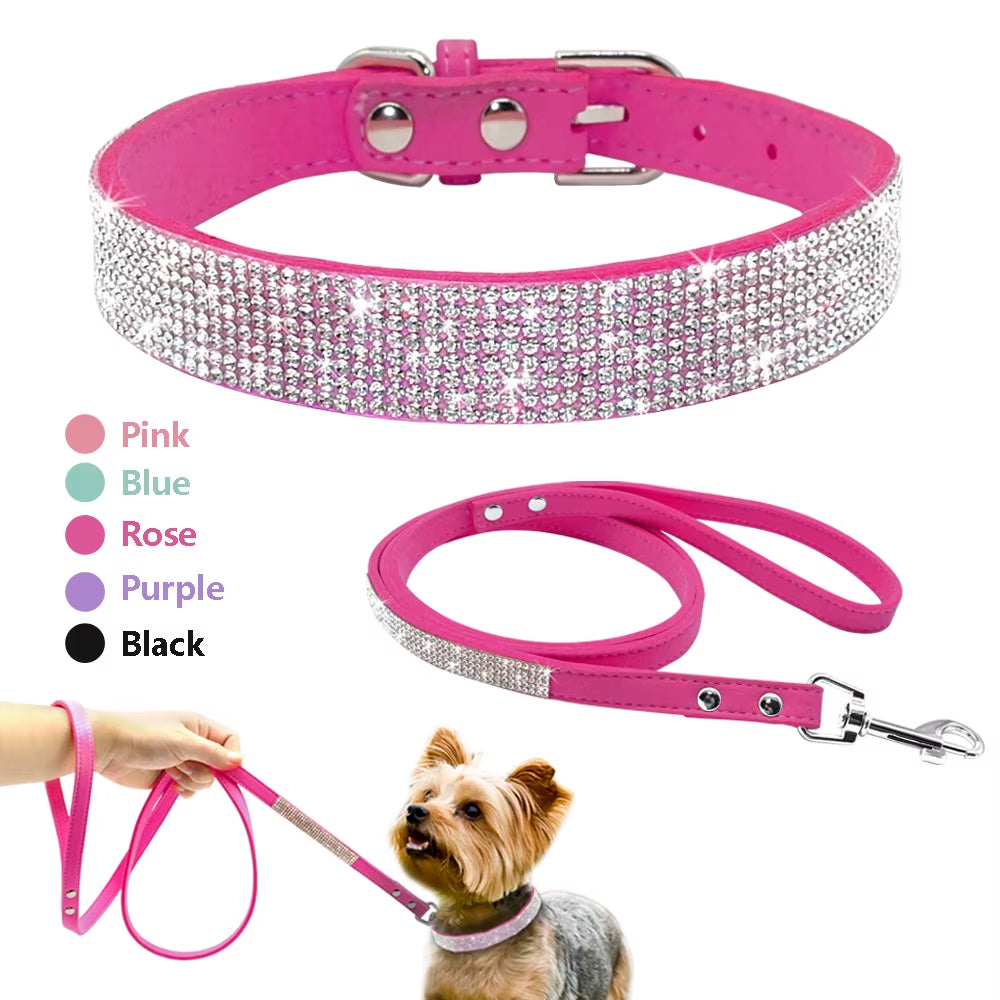 Suede Leather Puppy Dog Collar Leash Set Adjustable Rhinestone Cat Collars Walking Leashes for Small Medium Pets XS S M