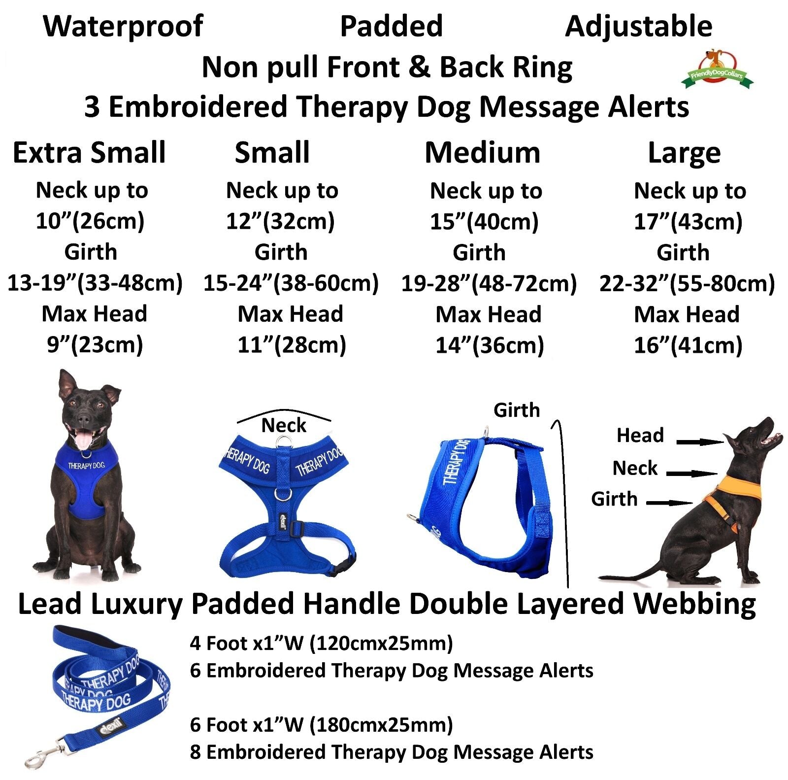 THERAPY DOG Blue Non Pull Waterproof Padded Pet Vest Harness Front Back Ring New
