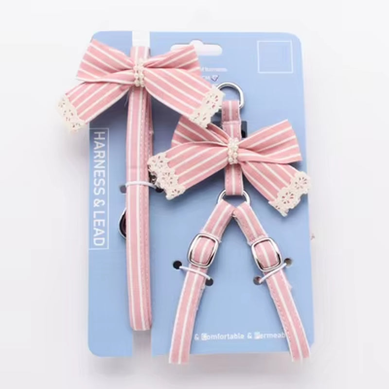 Pink Stripe Dog Collars and Harnesses Cotton Bows Girl Boy Pet Leash Set Outdoor Walking for Pitbull Chihuahua S M Accessories