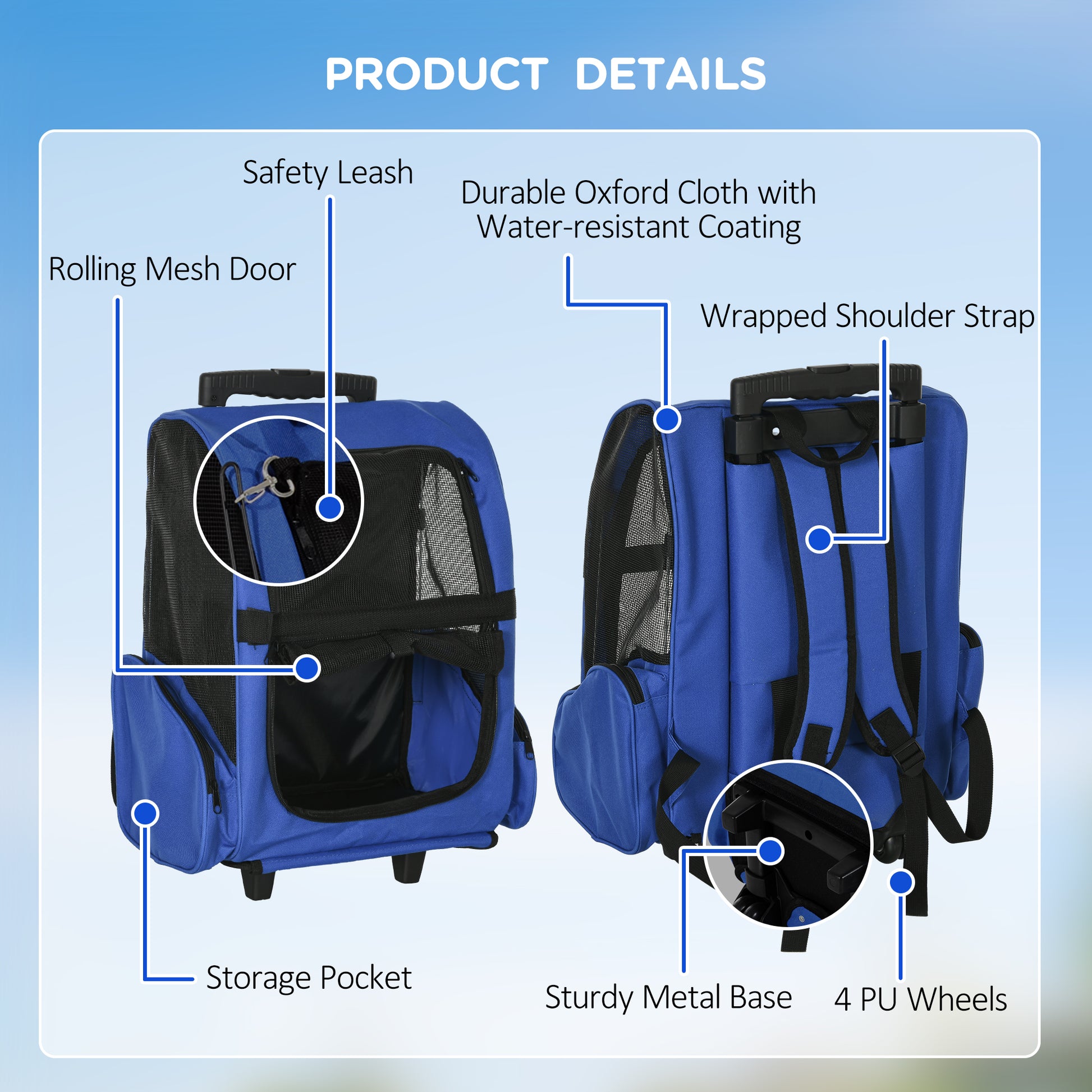 Pet Travel Backpack Bag Cat Puppy Dog Carrier W/ Trolley and Telescopic Wheel