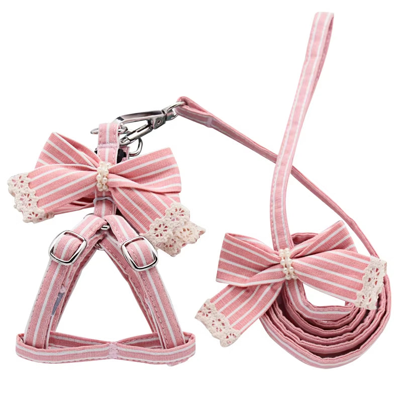 Pink Stripe Dog Collars and Harnesses Cotton Bows Girl Boy Pet Leash Set Outdoor Walking for Pitbull Chihuahua S M Accessories