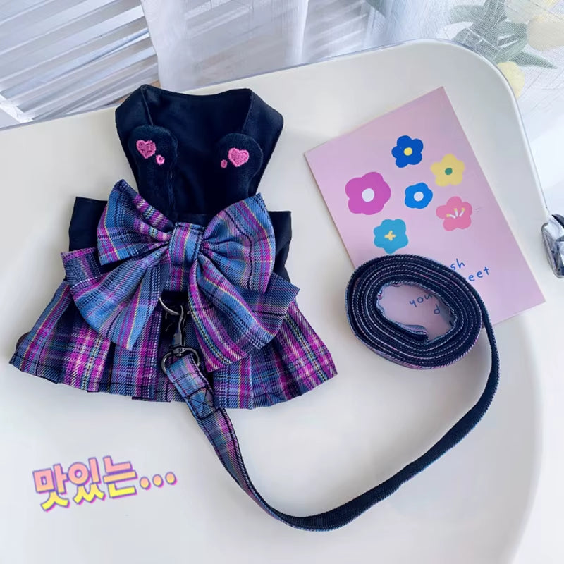 Purple Bow Dresses Dogs Collars and Harnesses with Leash XXS XL Pet Walking outside Pet Harness Vest Lead for Chihuahua Pugs