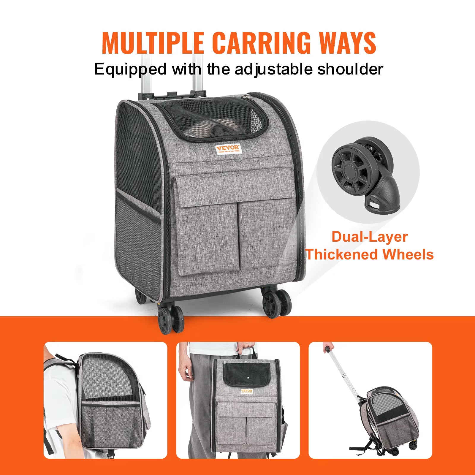 Pet Cat Carrier Breathable Outgoing Dog Carry Backpack with Telescopic Handle Wheels and Shoulder Strap for Travel Trip