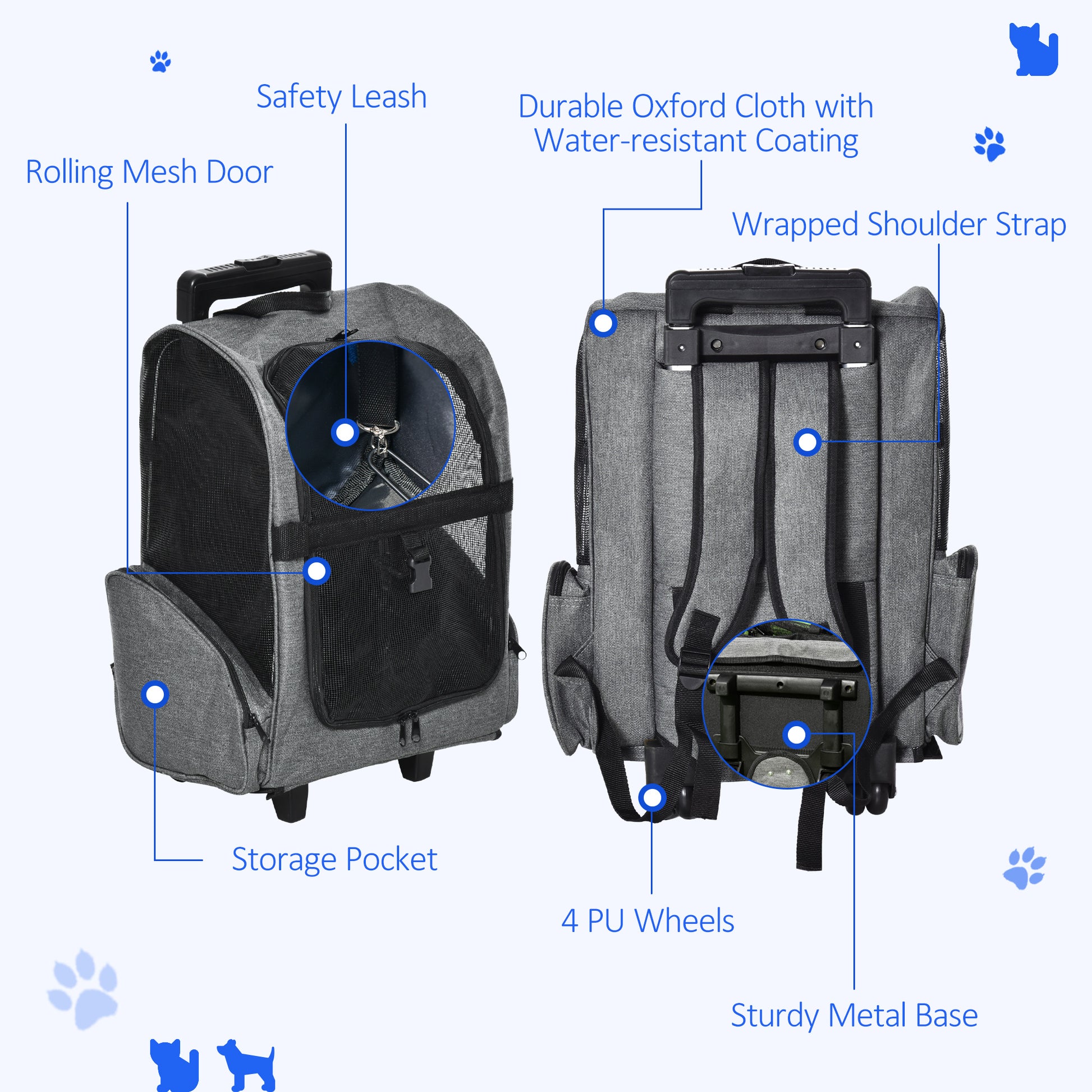 Pet Travel Backpack Bag Cat Puppy Dog Carrier W/ Trolley and Telescopic Wheel