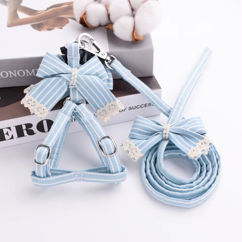 Pink Stripe Dog Collars and Harnesses Cotton Bows Girl Boy Pet Leash Set Outdoor Walking for Pitbull Chihuahua S M Accessories