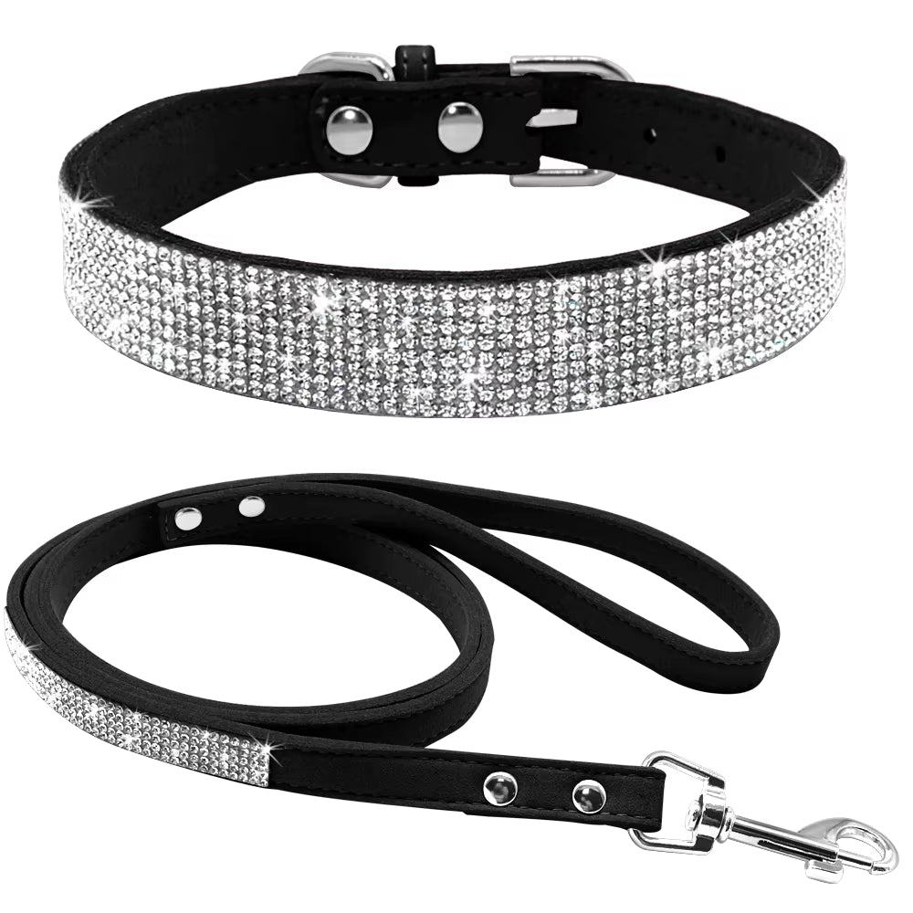 Suede Leather Puppy Dog Collar Leash Set Adjustable Rhinestone Cat Collars Walking Leashes for Small Medium Pets XS S M
