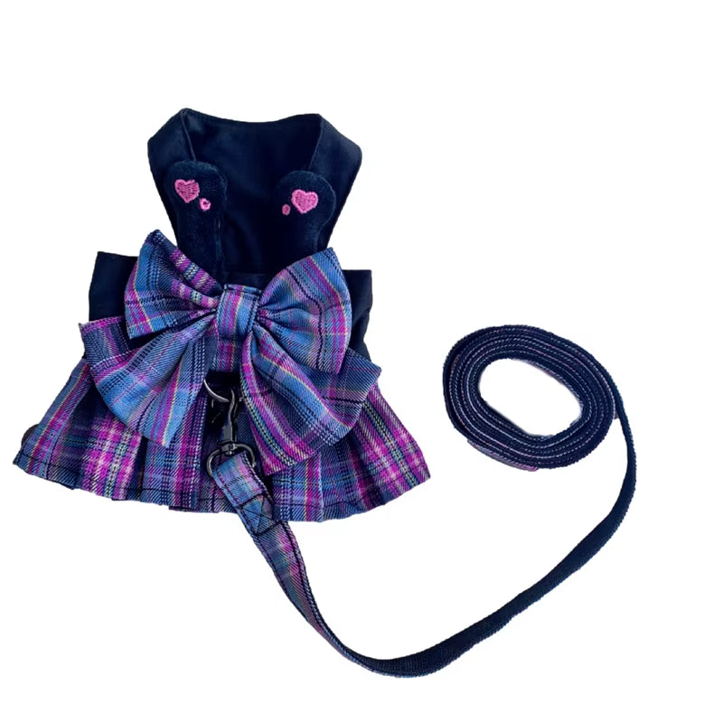 Purple Bow Dresses Dogs Collars and Harnesses with Leash XXS XL Pet Walking outside Pet Harness Vest Lead for Chihuahua Pugs