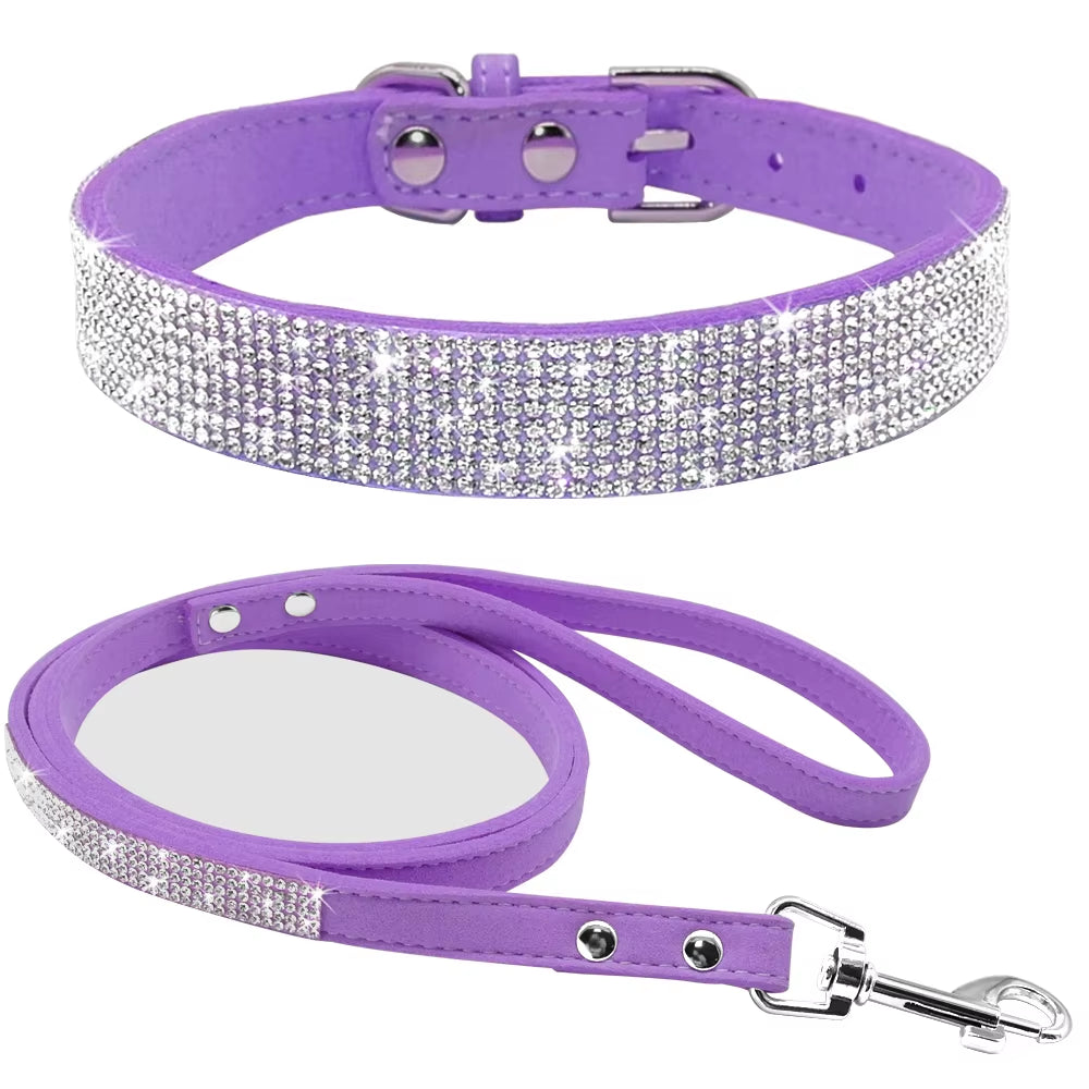 Suede Leather Puppy Dog Collar Leash Set Adjustable Rhinestone Cat Collars Walking Leashes for Small Medium Pets XS S M